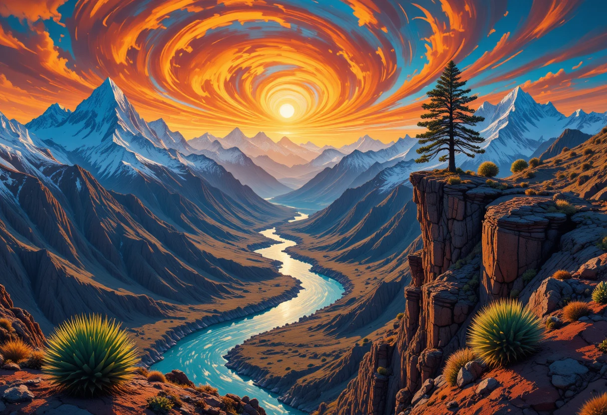 Valle montañoso surrealista bajo un cielo de atardecer ardiente