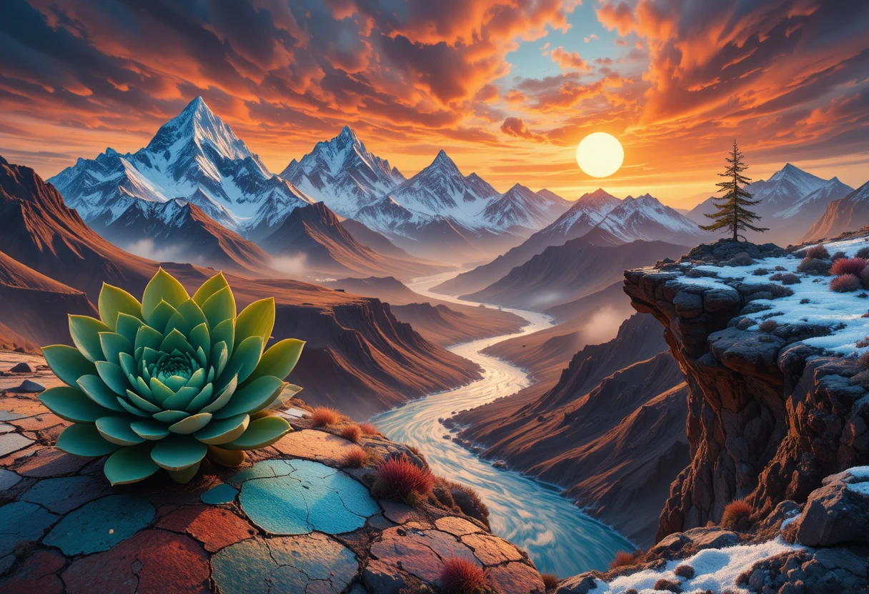 Paisaje montañoso surrealista con cactus y cielo de atardecer incendiado
