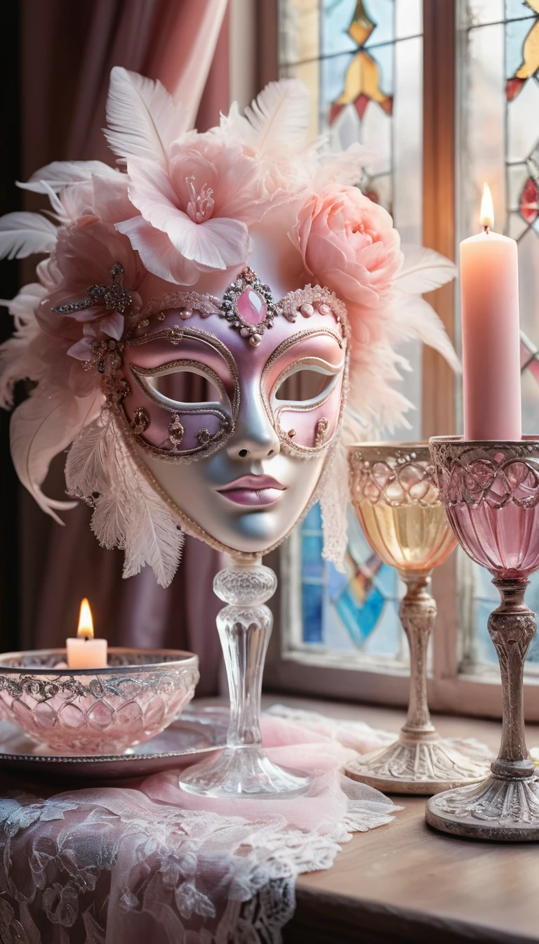 Máscara veneciana y copa de vino sobre una mesa decorada en tonos pastel