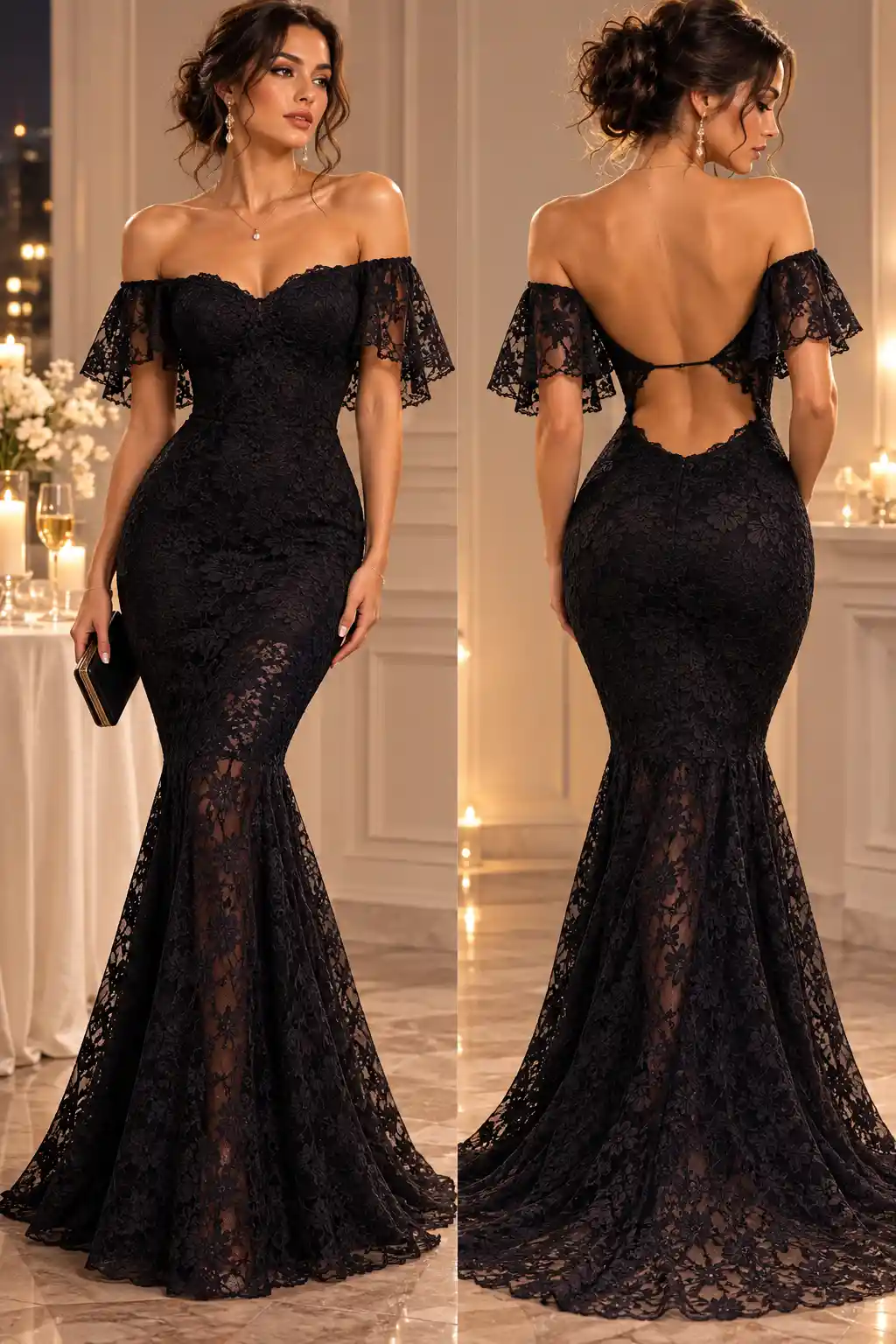 Elegant black lace dress with butterfly sleeves