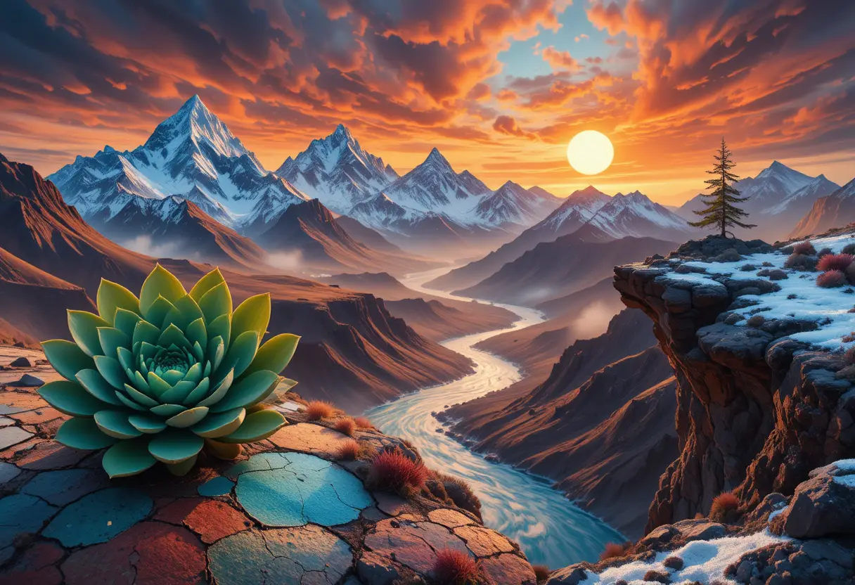 Paisaje montañoso surrealista con cactus y cielo de atardecer incendiado