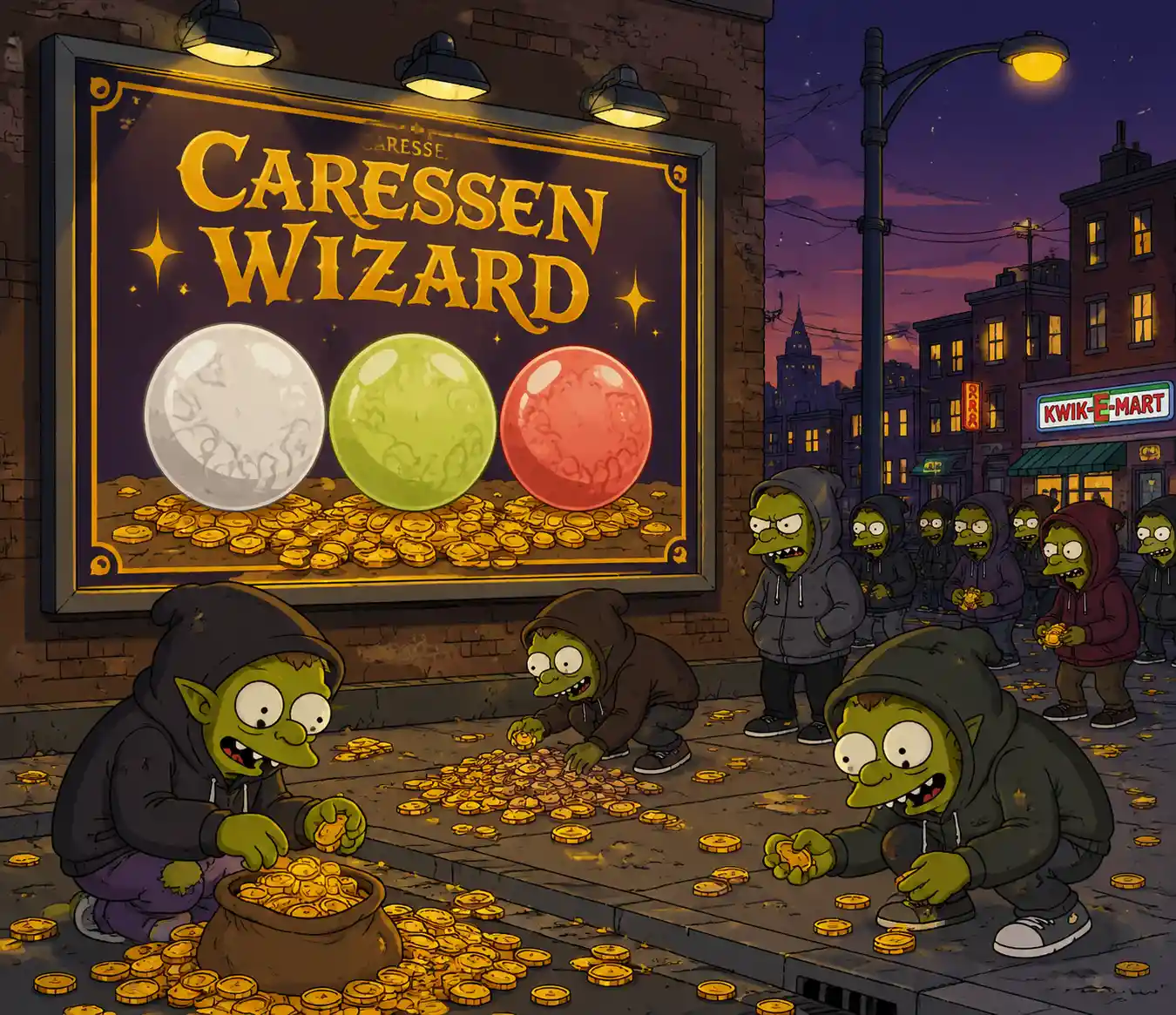 Cartellone stradale a cartone animato con sfere colorate e goblin