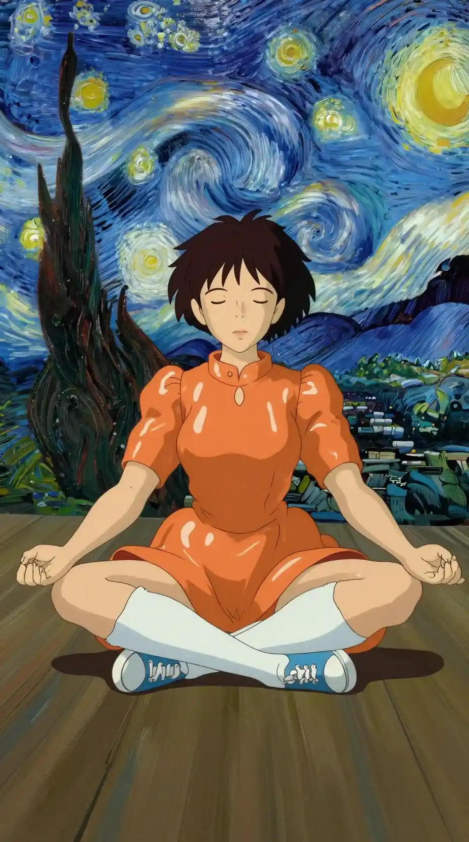 Shy anime woman meditating in a serene studio ghibli style