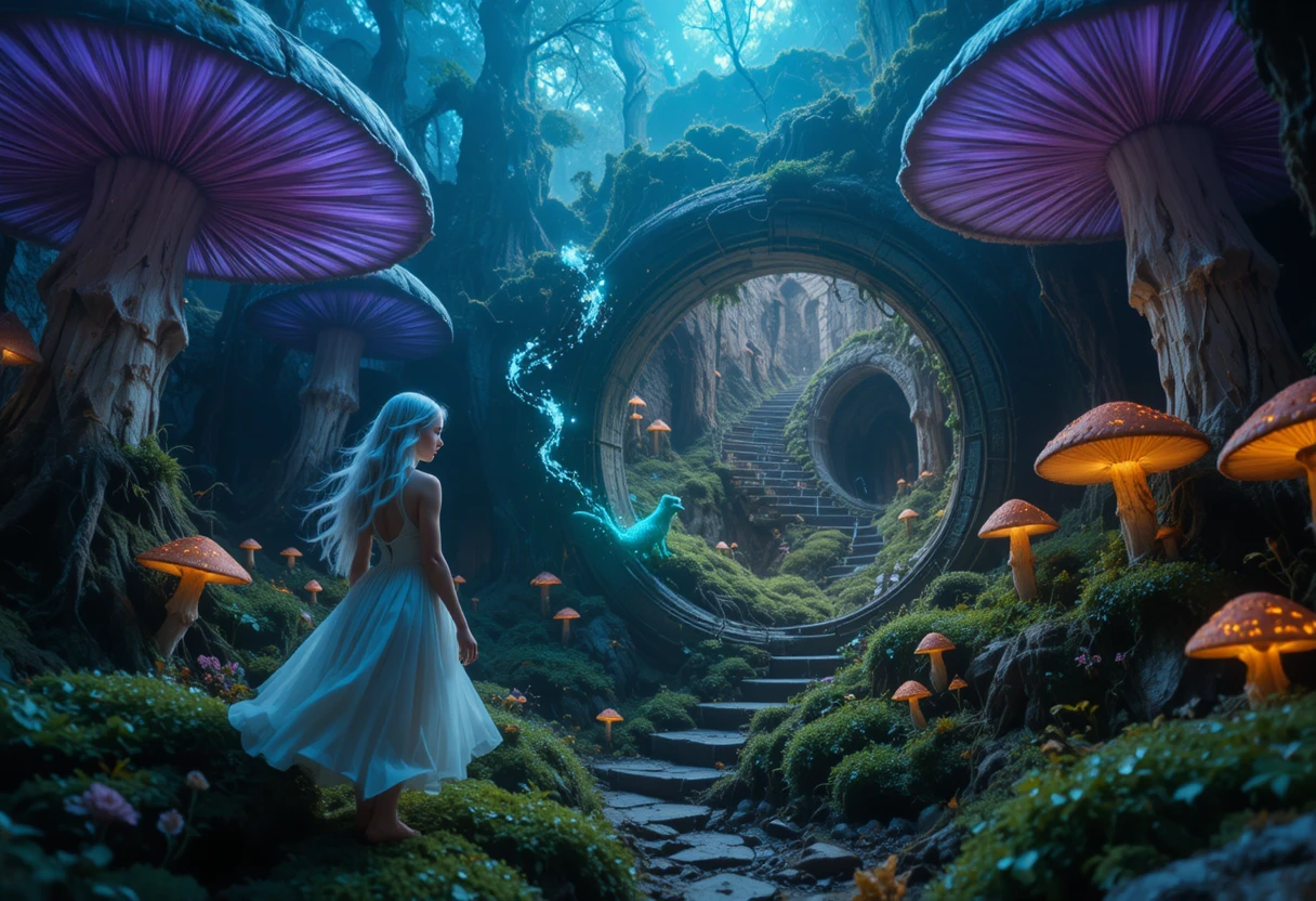 Mujer elfa entrando en un antiguo bosque de hongos luminosos