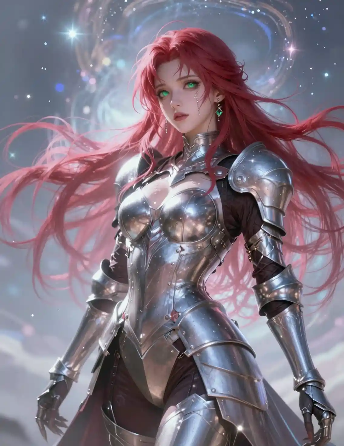 Armored anime heroine with green eyes and wild pink hair
