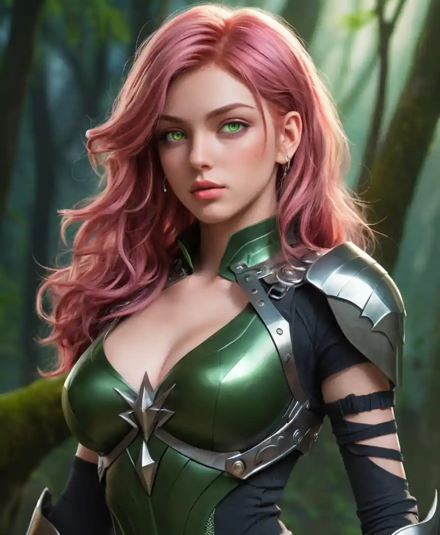 Sensual guerrera de anime con ojos verdes y tatuajes