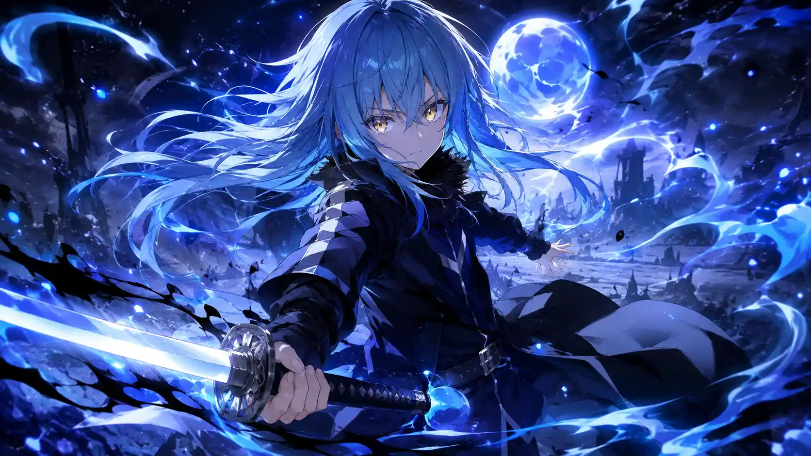 Anime slime warrior with glowing magic aura in action