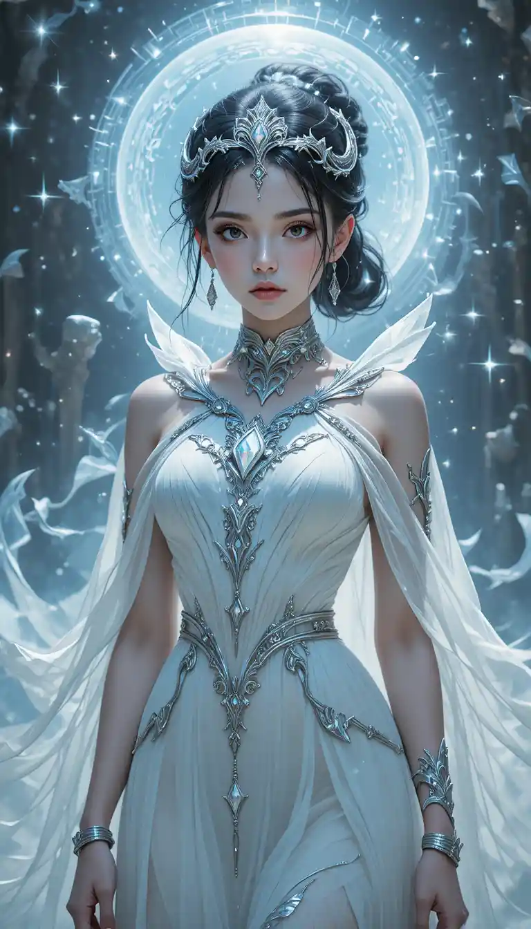 Chica de anime fantasmal con vestido blanco fluido y joyas de plata