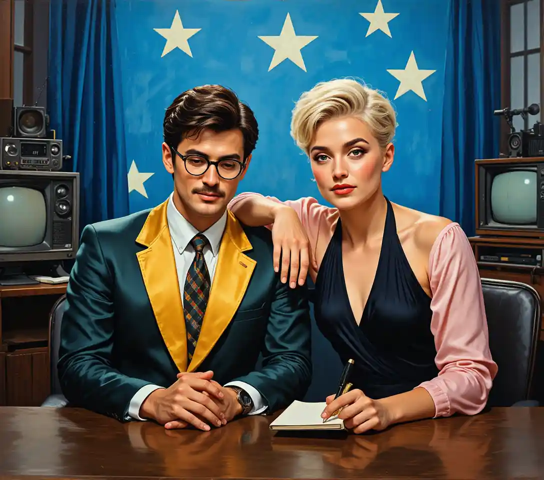 1980s tv studio with male anchor and young female guest