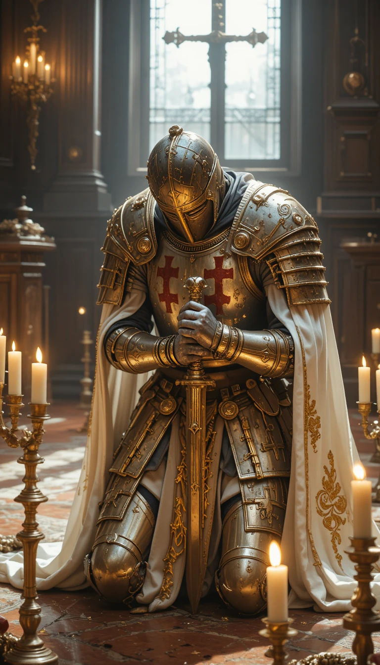 Templar knight kneeling in prayer with sword and cape