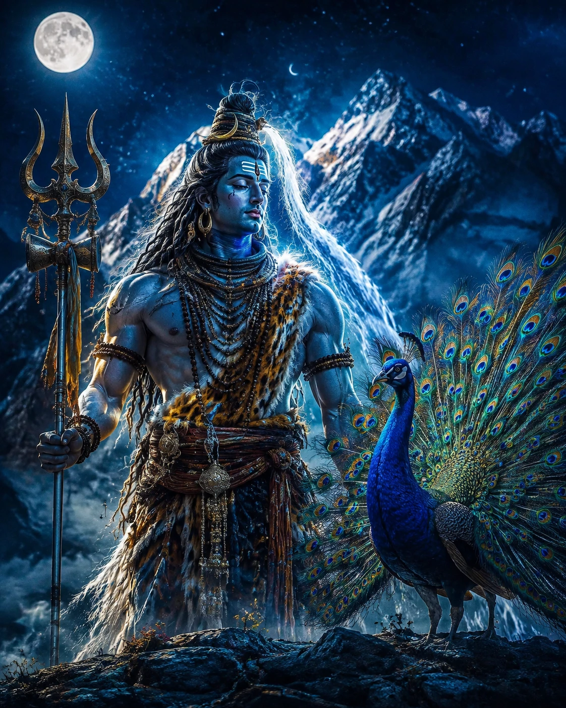 Divine portrait of Lord Shiva on moonlit Mount Kailash