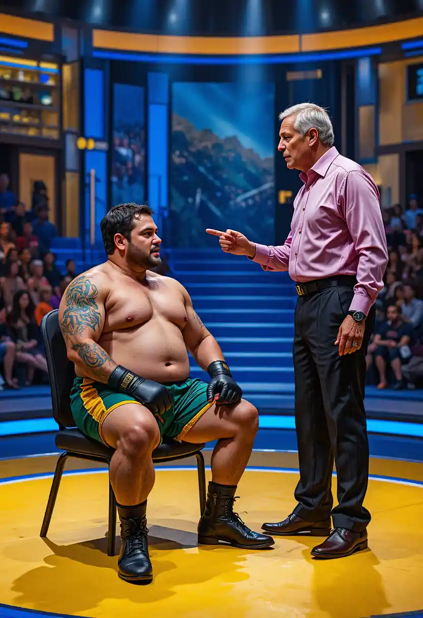 Injured boxer on game show set with stern older host