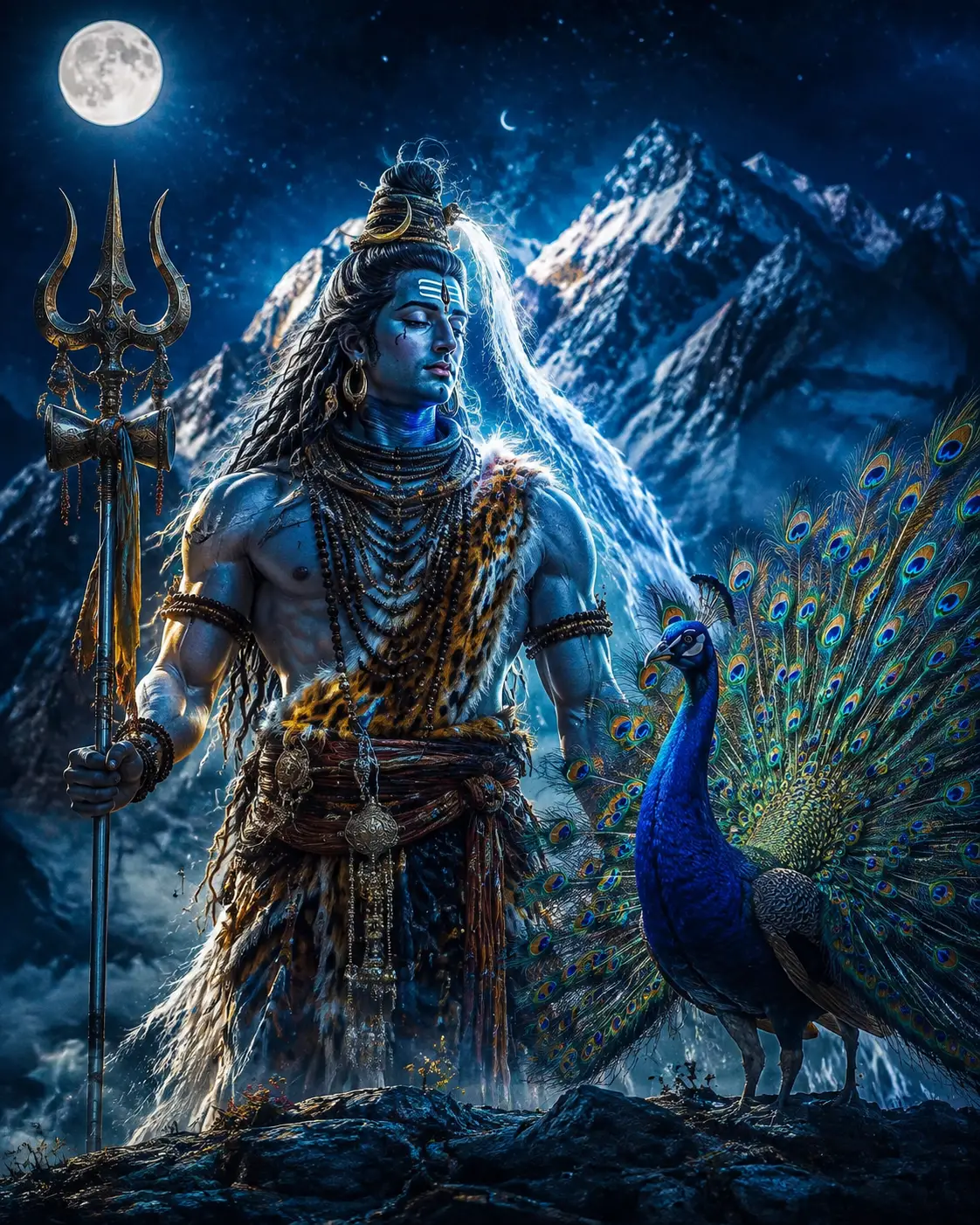 Divine portrait of Lord Shiva on moonlit Mount Kailash