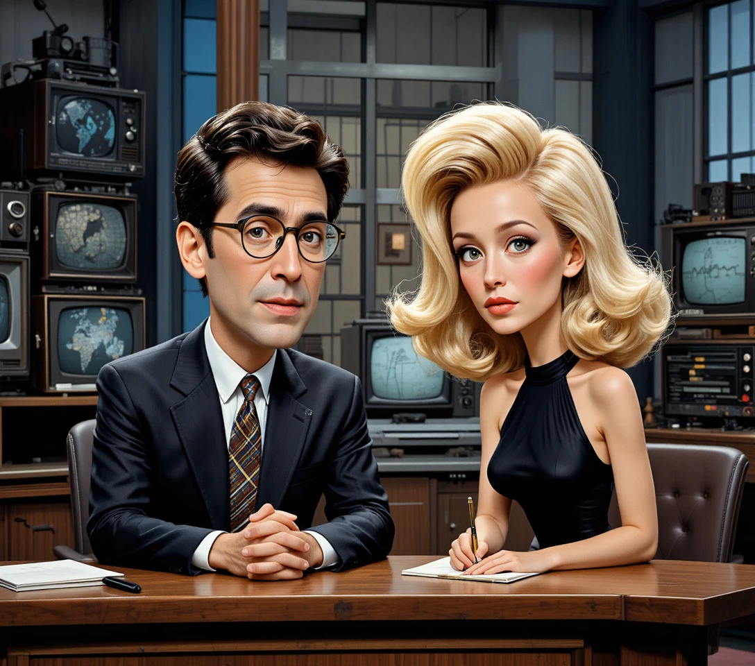 Escena de estudio de TV vintage con presentador y invitada seria