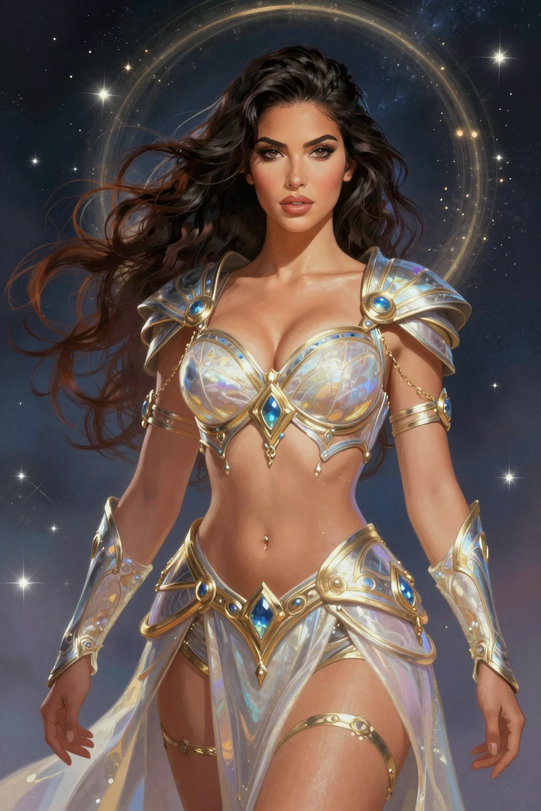 Kurvige Fantasy-Kriegerin posiert wie eine strahlende Göttin