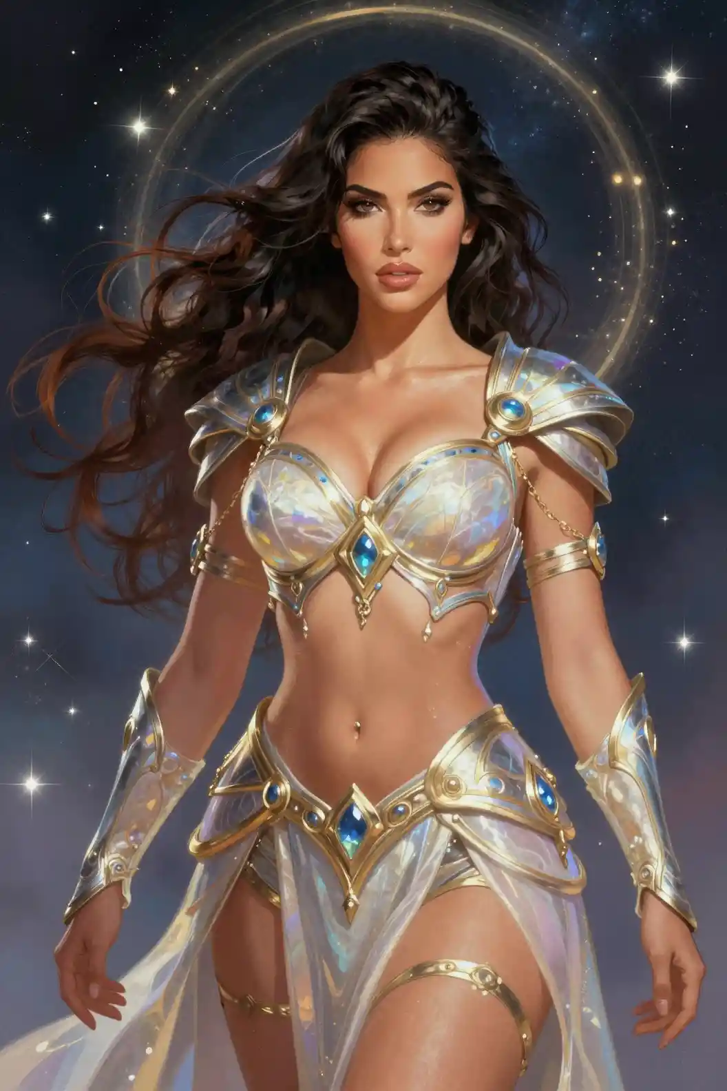 Kurvige Fantasy-Kriegerin posiert wie eine strahlende Göttin