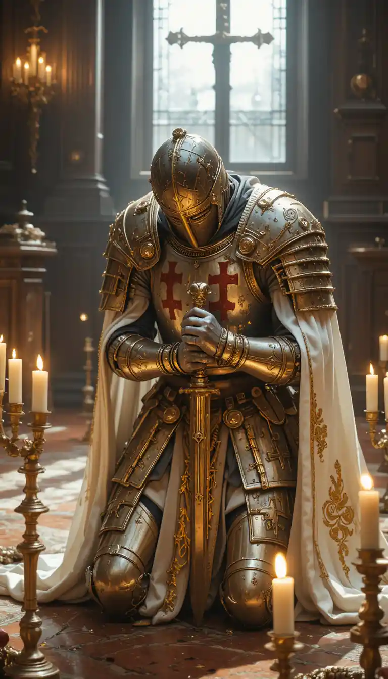 Templar knight kneeling in prayer with sword and cape