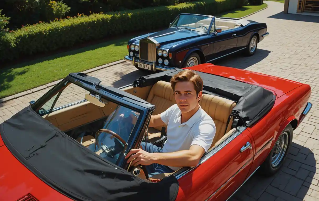Red Ferrari convertible with driver beside classic Rolls Royce