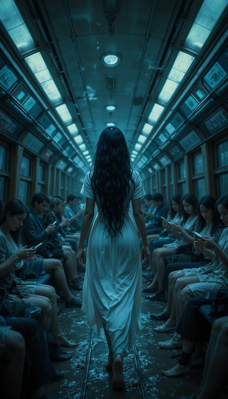 Soaked woman floating through eerie night train carriage