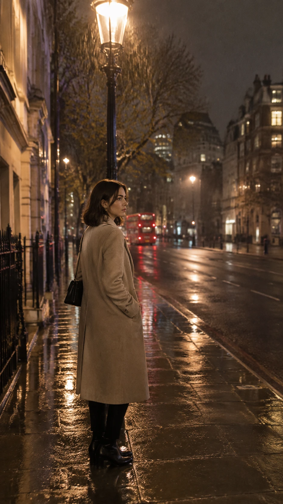 Jeune femme sous un réverbère lors d’une nuit pluvieuse à Londres