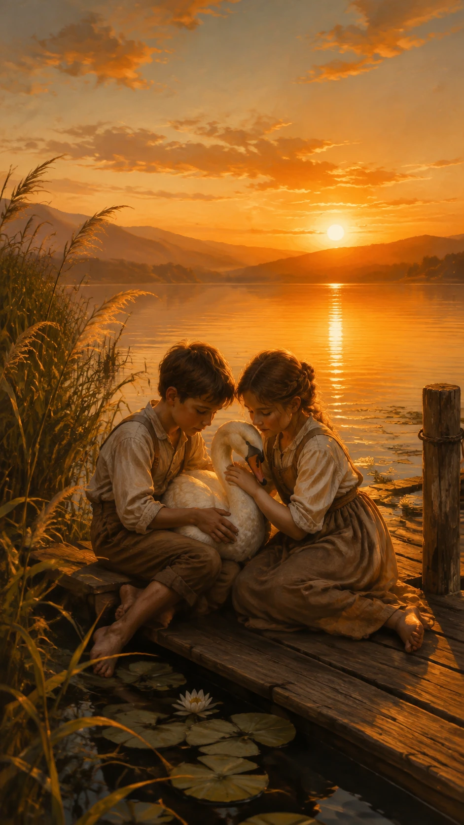 Niños sosteniendo un cisne en un muelle al atardecer