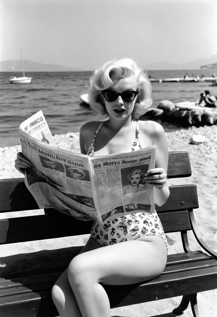 Woman in pop art swimsuit reading newspaper on beach bench