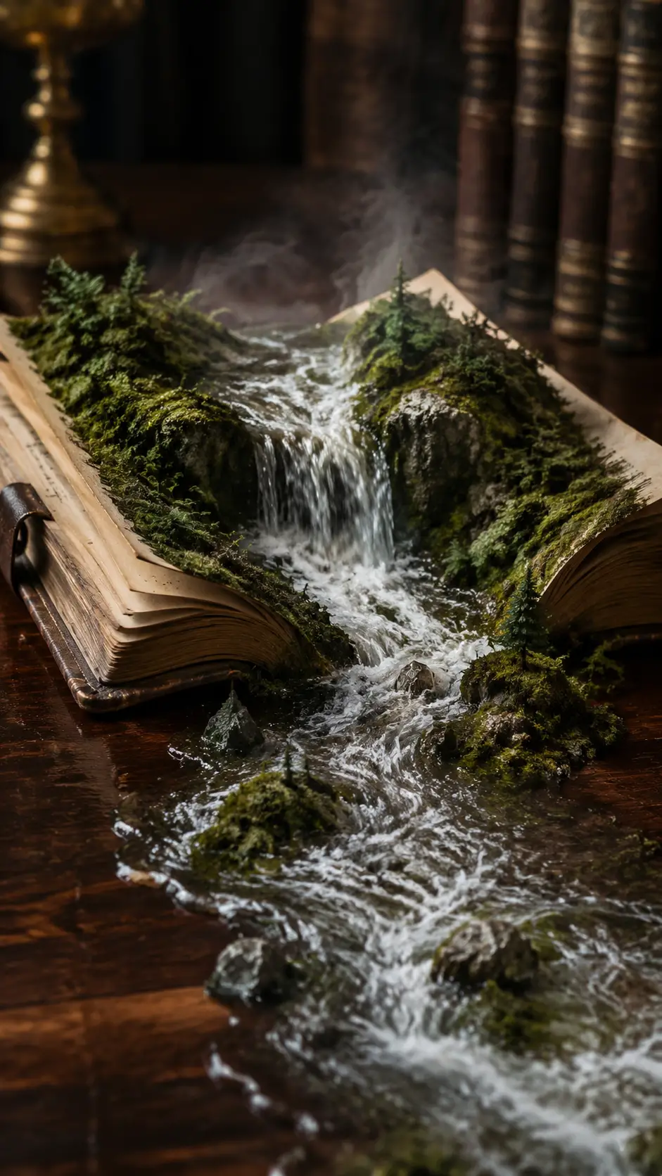 Macro journal on mahogany table with tiny waterfall scene