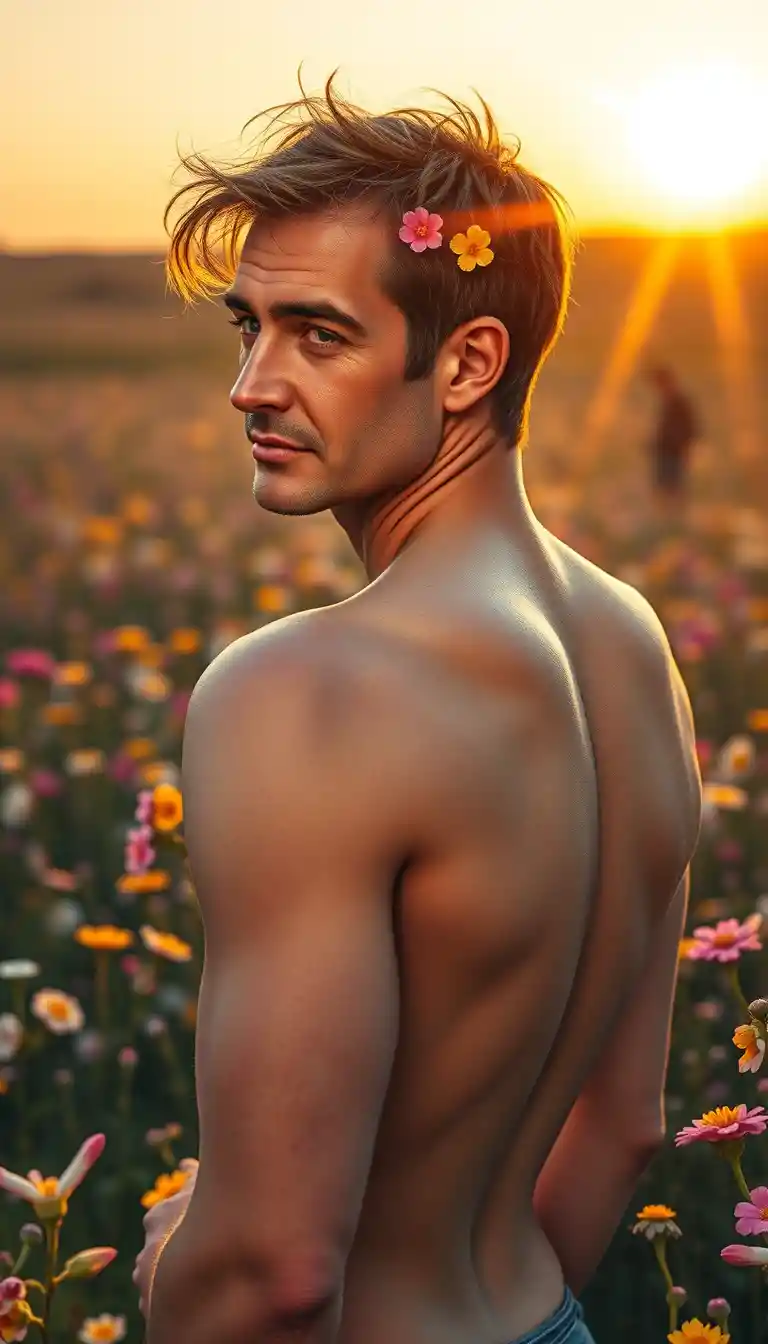 Nude young man kneeling in wild flower field at sunset
