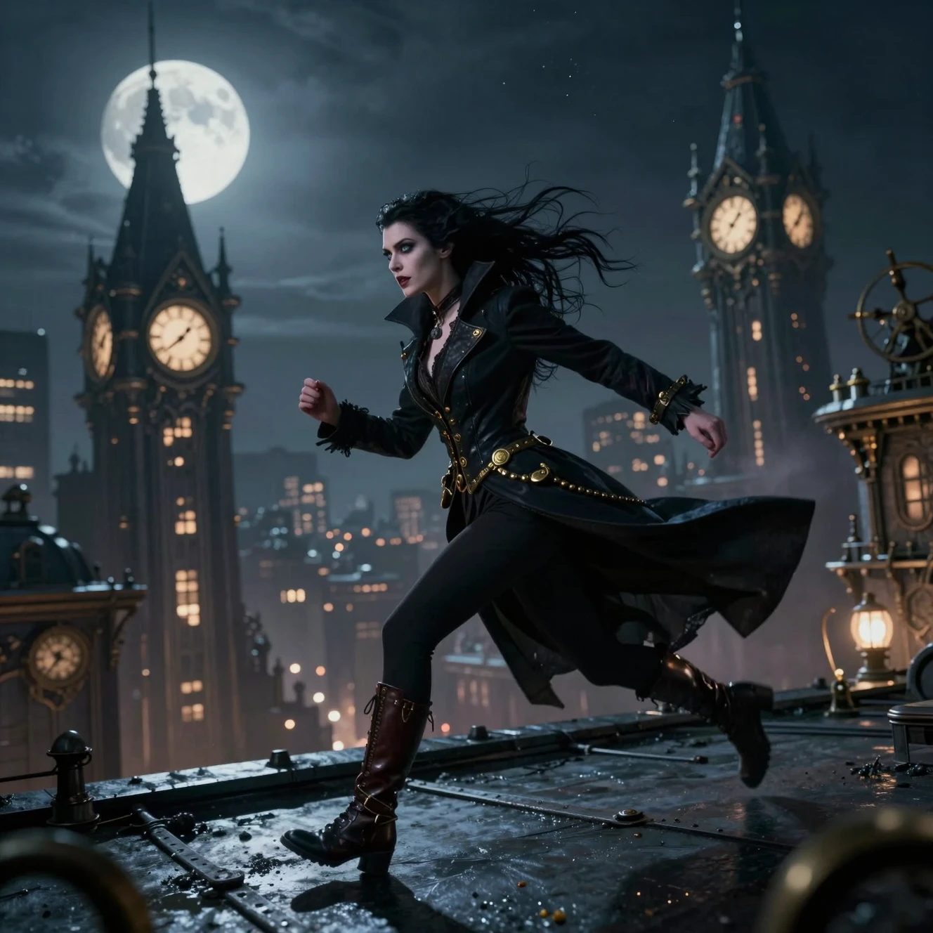 Vampira corriendo por los tejados de una ciudad steampunk
