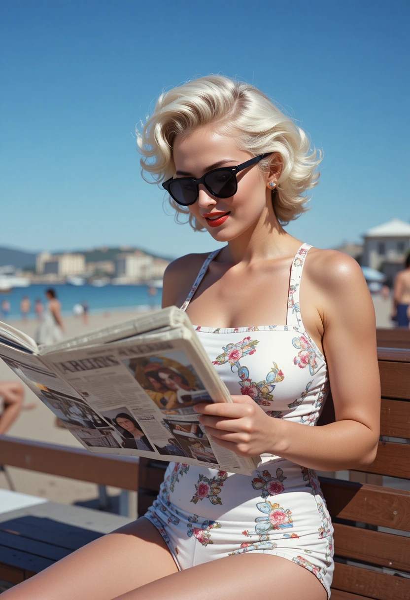 Mujer con traje de baño pop art leyendo el periódico en la playa
