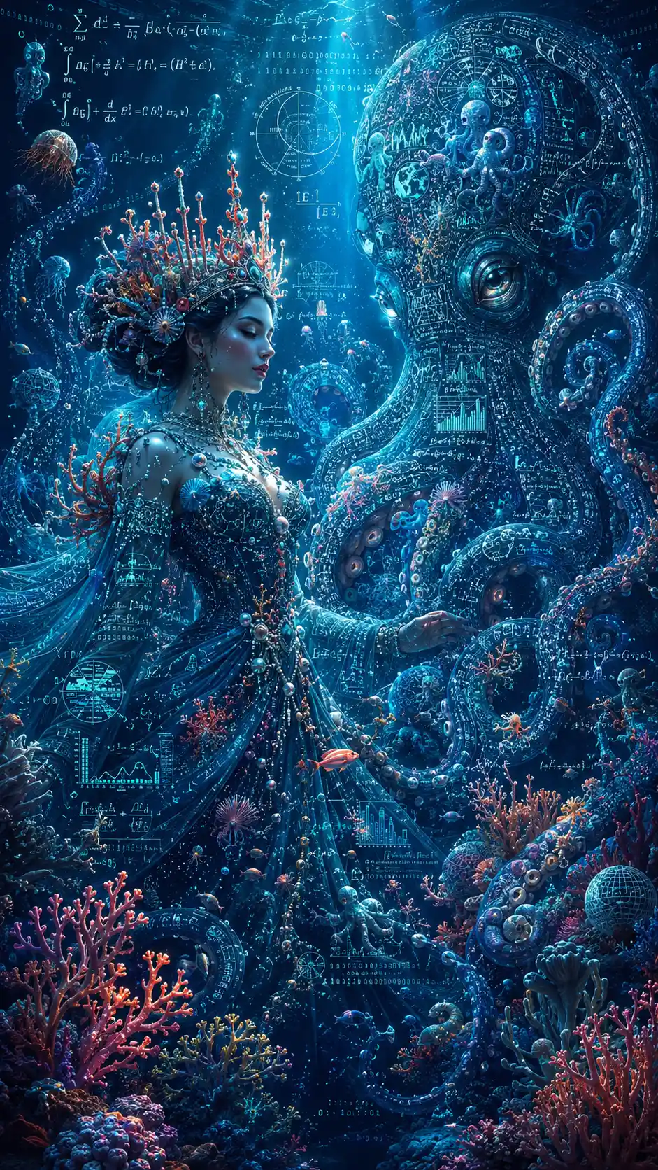 Reina de coral fantástica con compañero pulpo tejido de datos