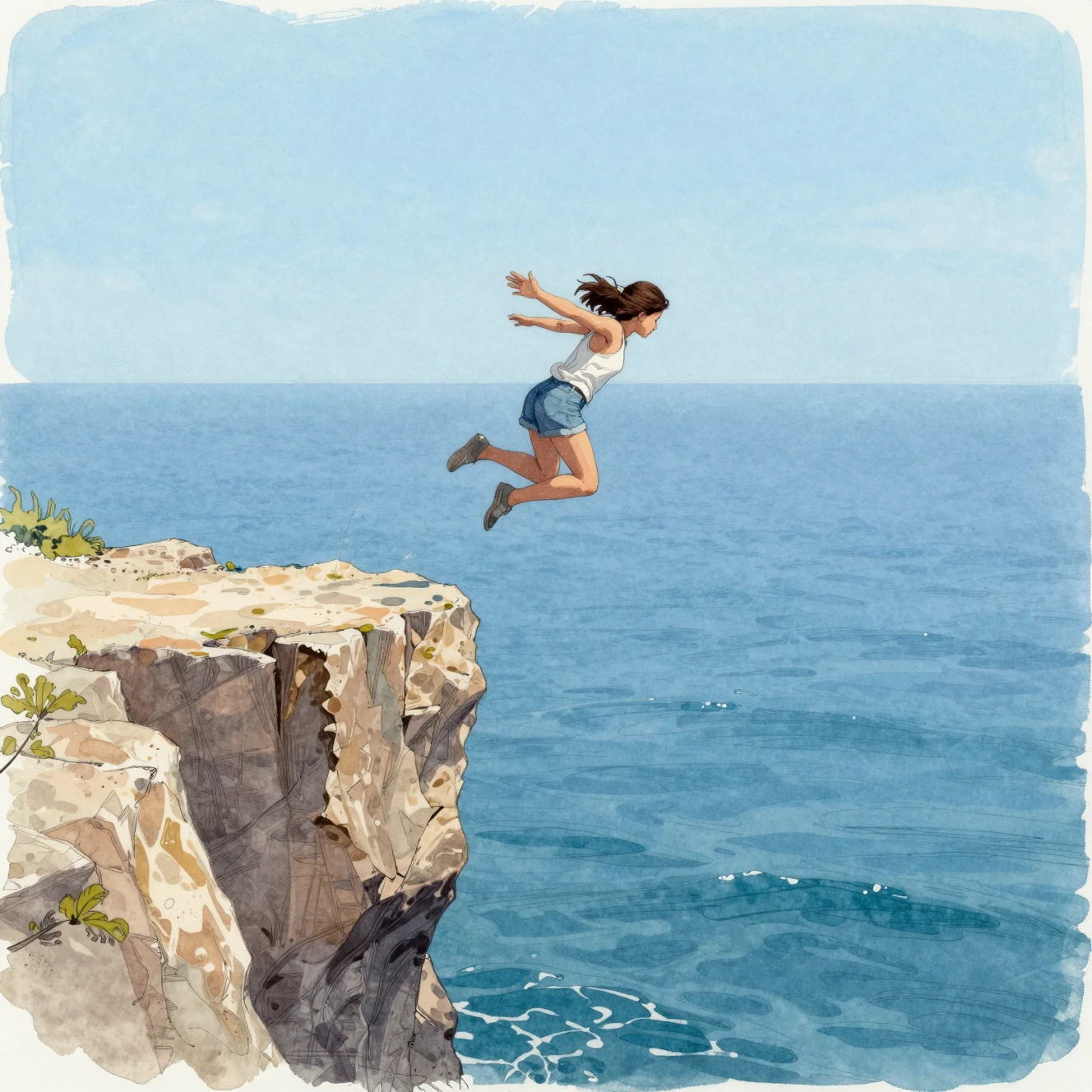 Jeune fille sautant d’une haute falaise dans une mer calme