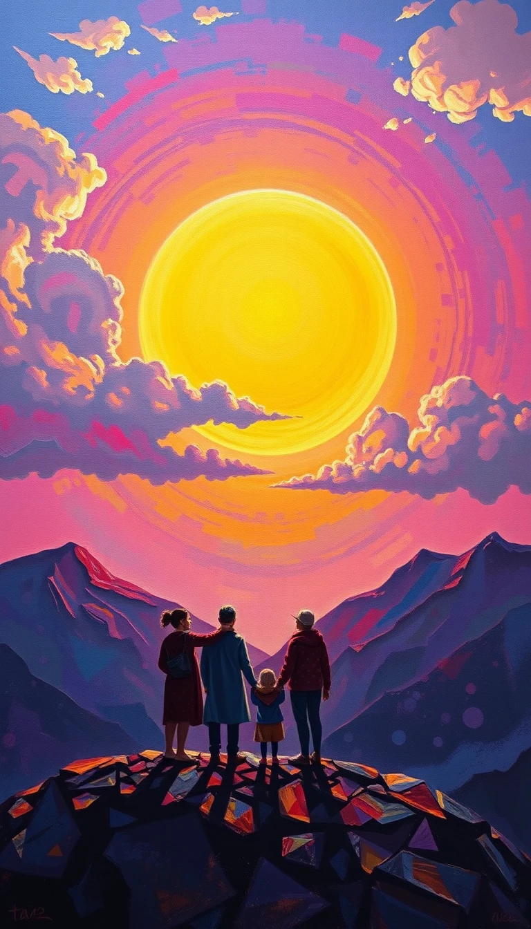 Pessoas unidas diante de um sol brilhante sobre montanhas distantes