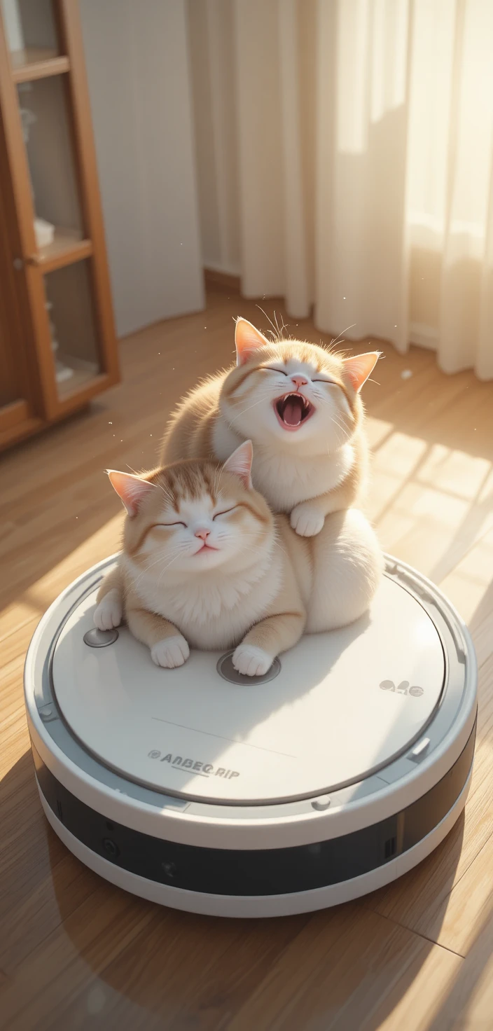 Two cuddling cats sleeping on a sleek floor cleaning robot