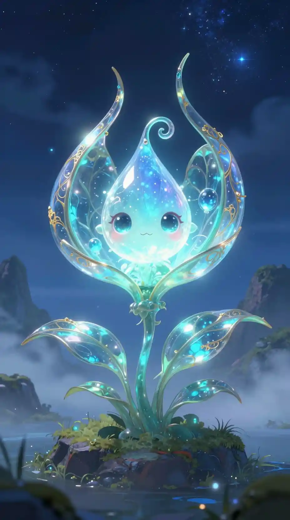 Glowing glass plant creature in a dreamy fantasy night