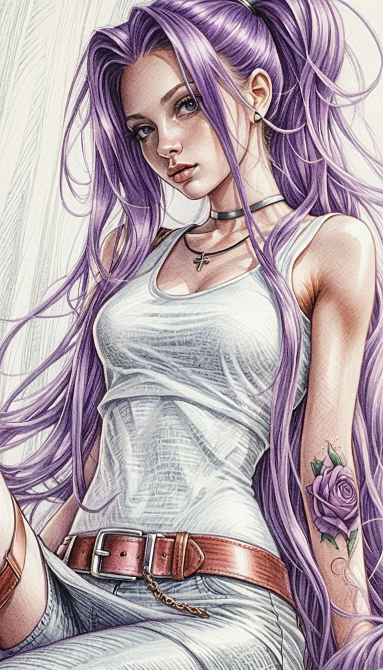 紫髮女孩鉛筆插畫肖像