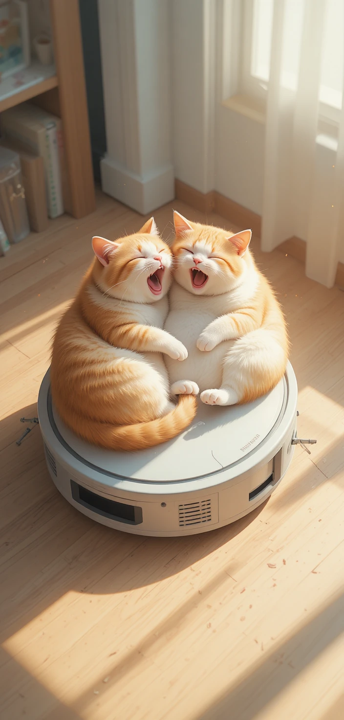 Dos gatos acurrucados durmiendo sobre un robot limpiador de suelos