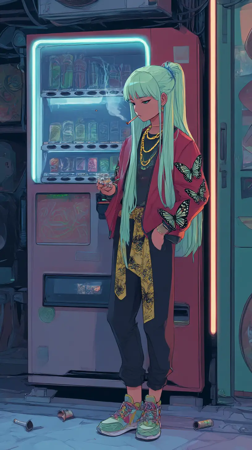Anime girl smoking by neon soda machine at night