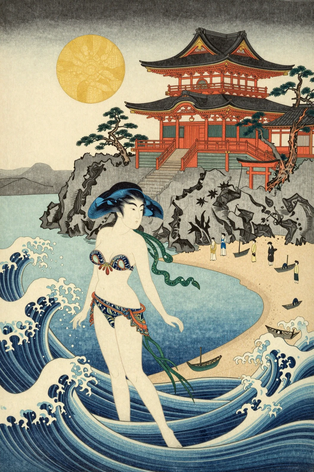 Deidad del agua estilo ukiyo-e emergiendo de olas oceánicas con patrones
