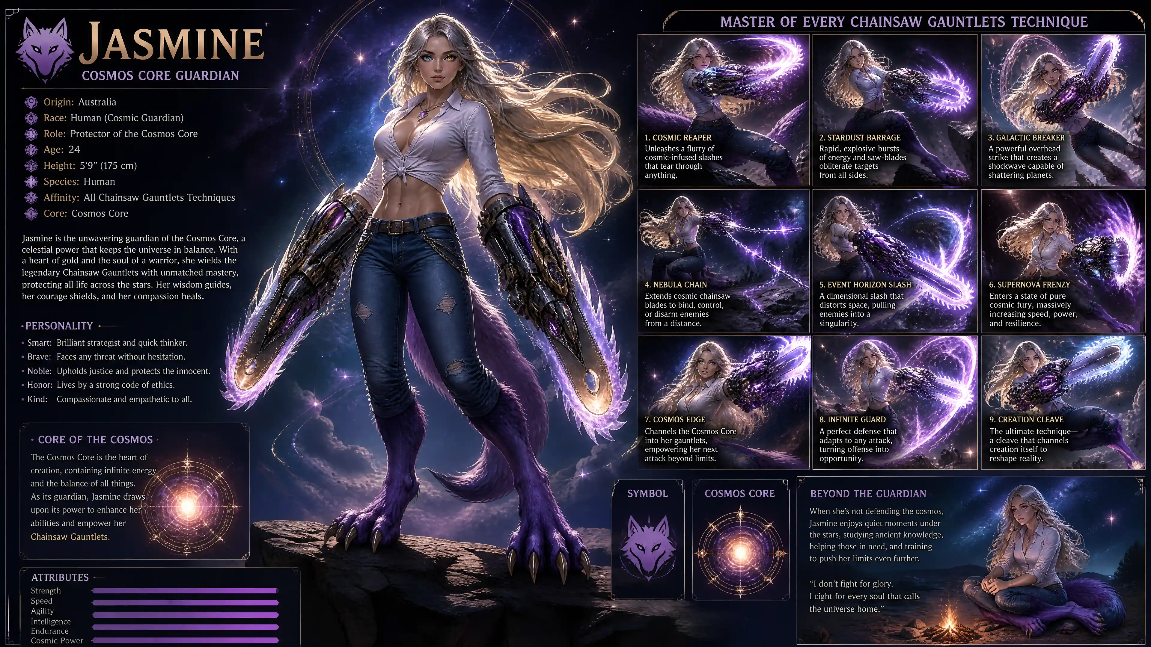 Heroica guardiana cósmica con piernas de lobo