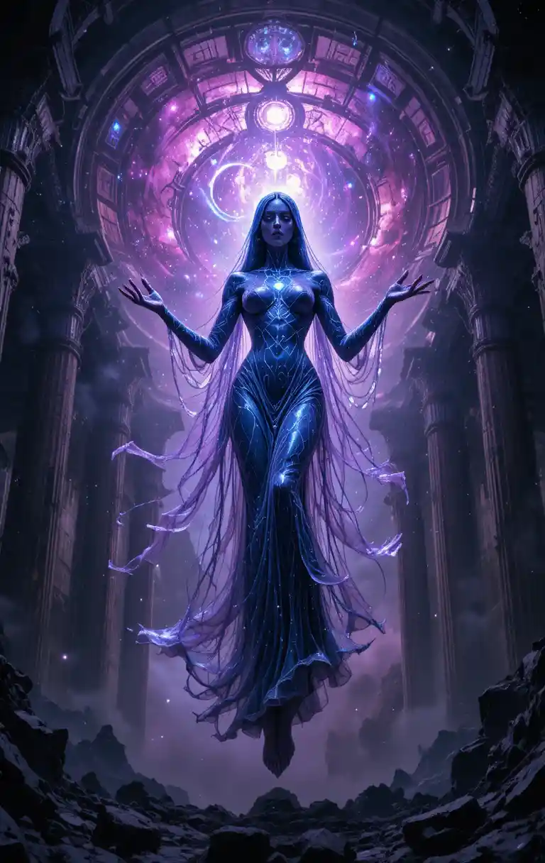 Diosa eldritch alzándose en un templo cósmico hecho añicos