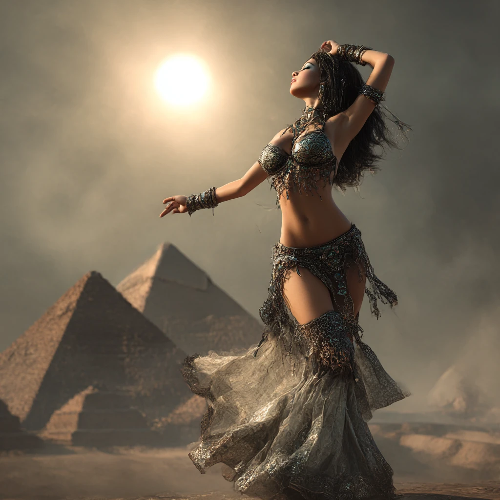 Bailarina de Danza del Vientre Etérea ante Antiguas Pirámides del Desierto