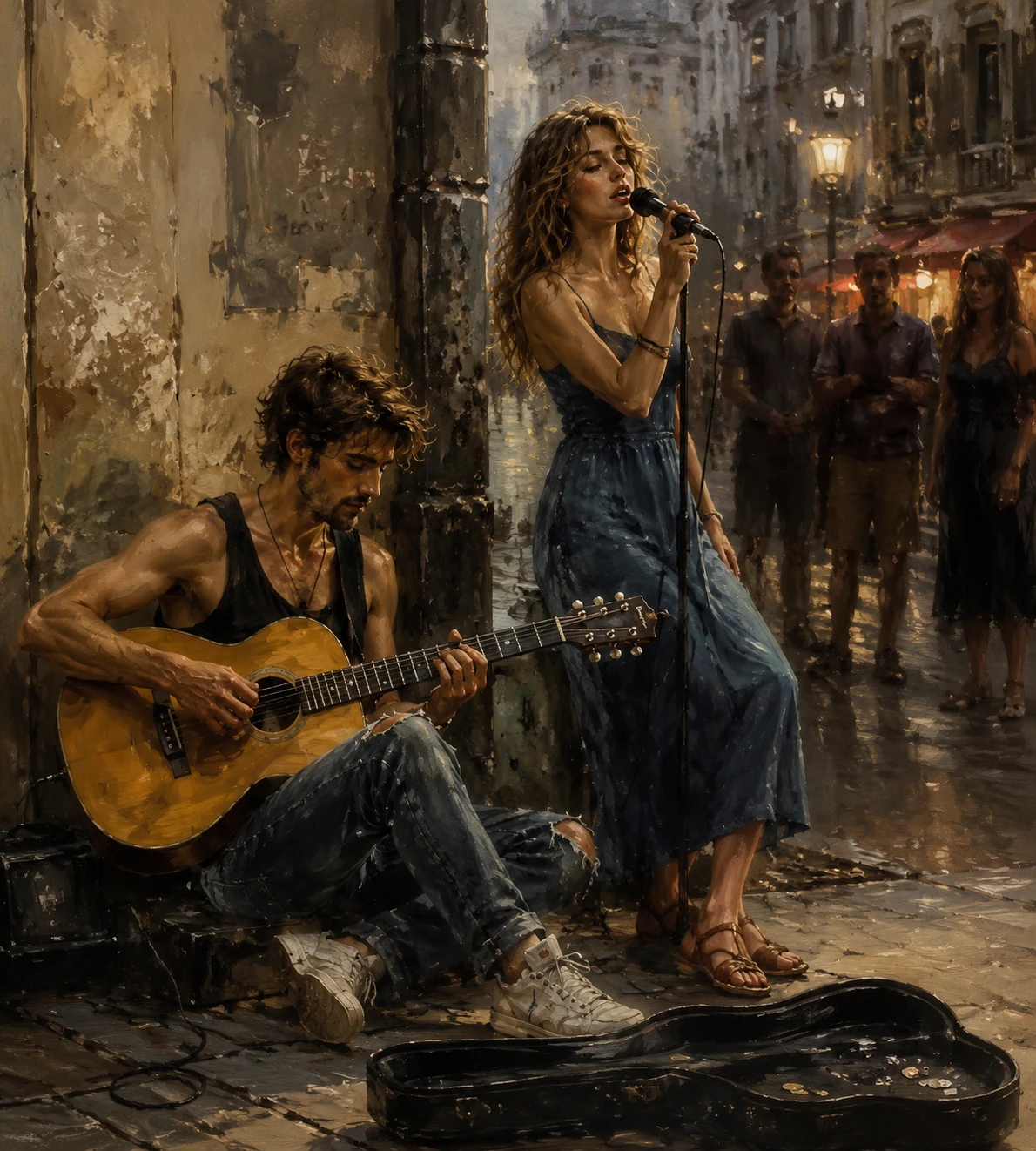 Músico callejero y cantante actuando en una esquina de la ciudad