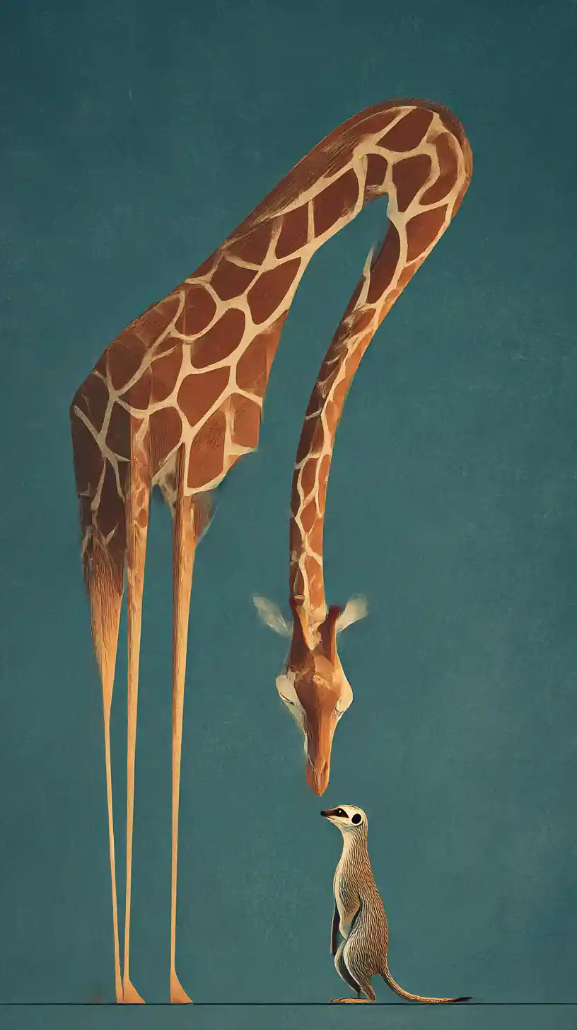 Minimalist giraffe and meerkat in surreal digital illustration