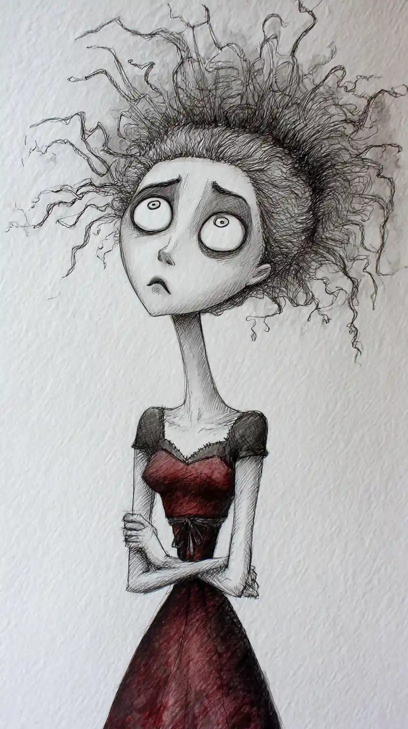 Mujer melancólica en ilustración gótica de técnica mixta