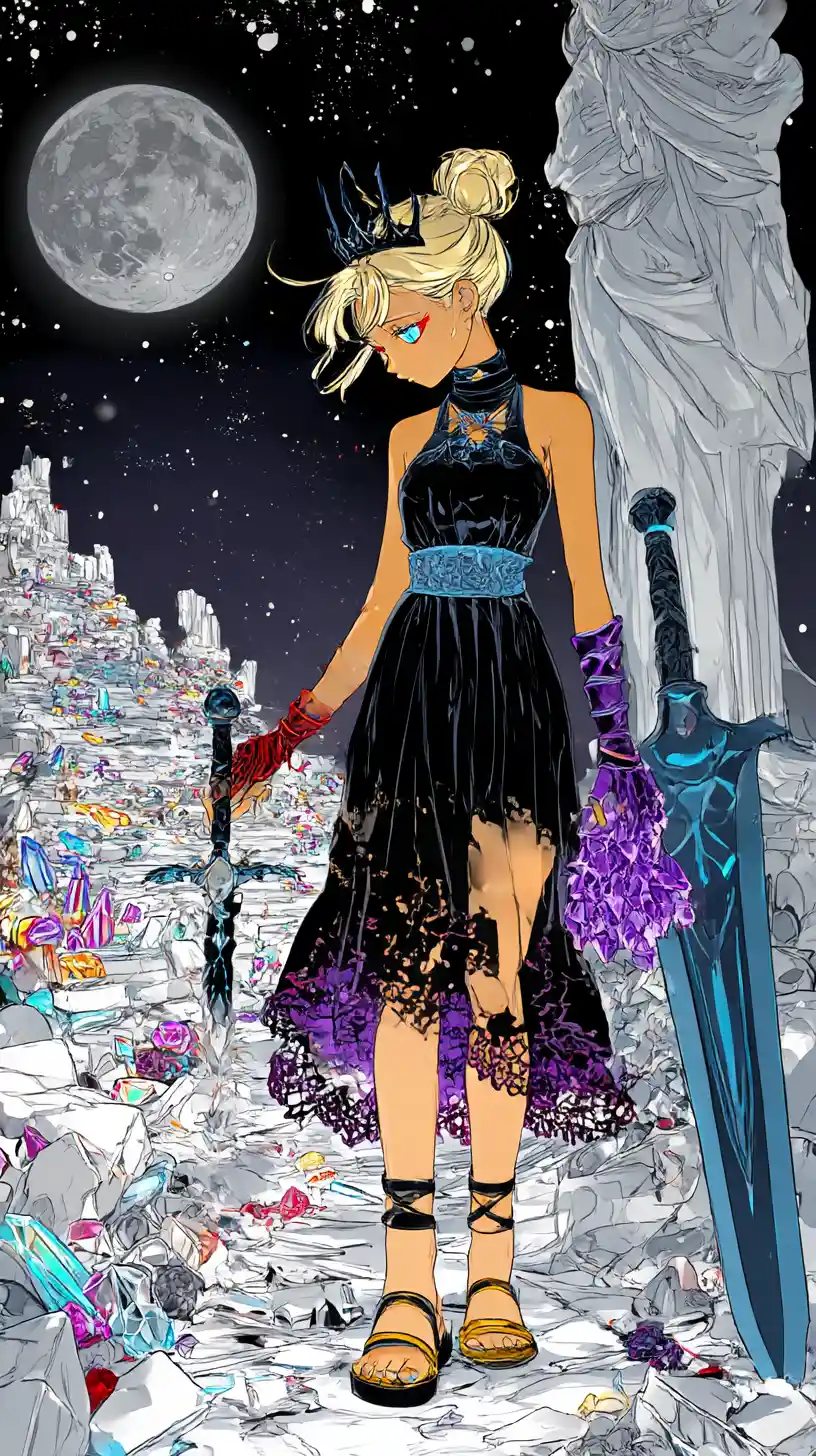Chica de anime triste caminando por un campo de espadas de cristal