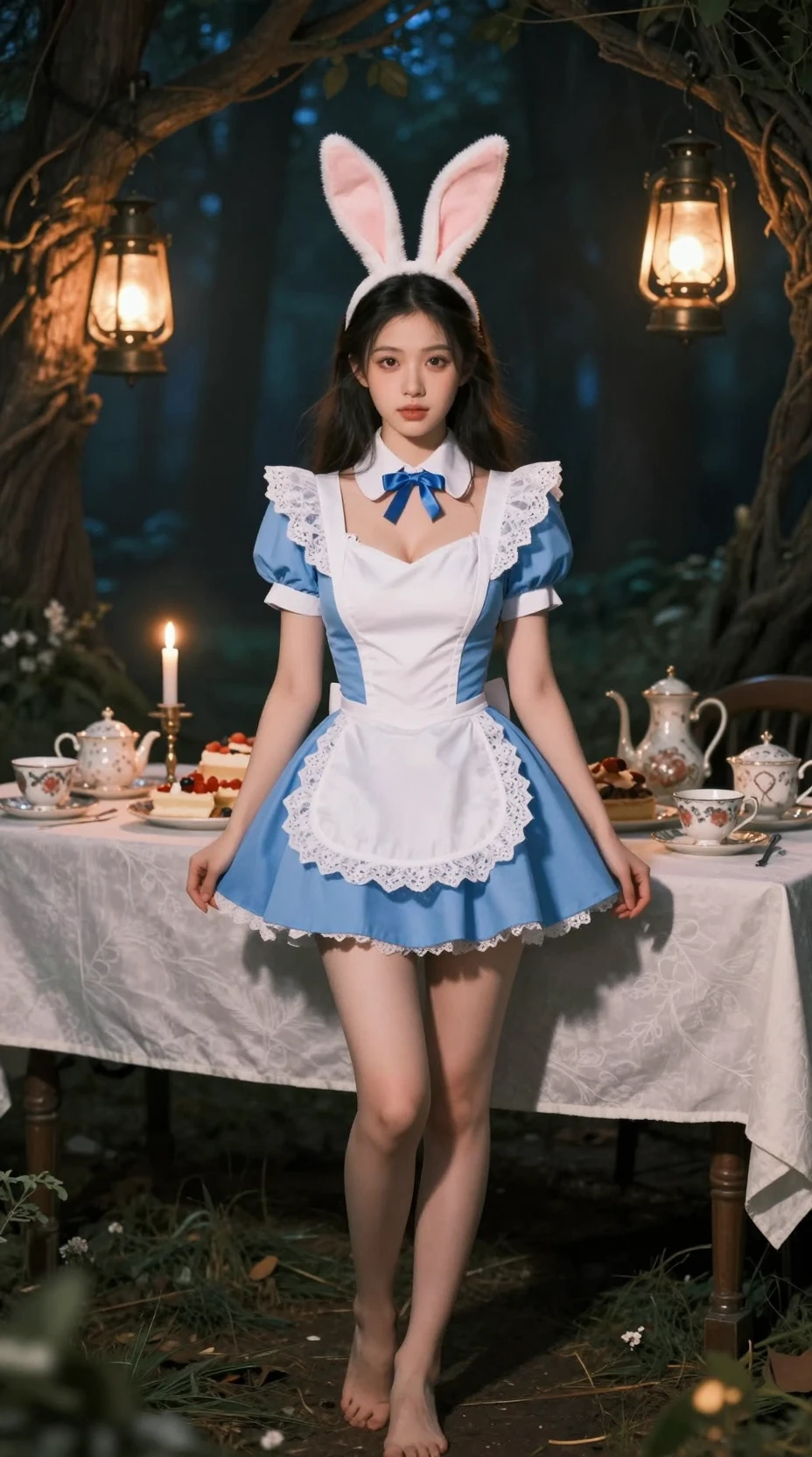 Chica de fantasía en una mesa de té iluminada por faroles en un bosque oscuro