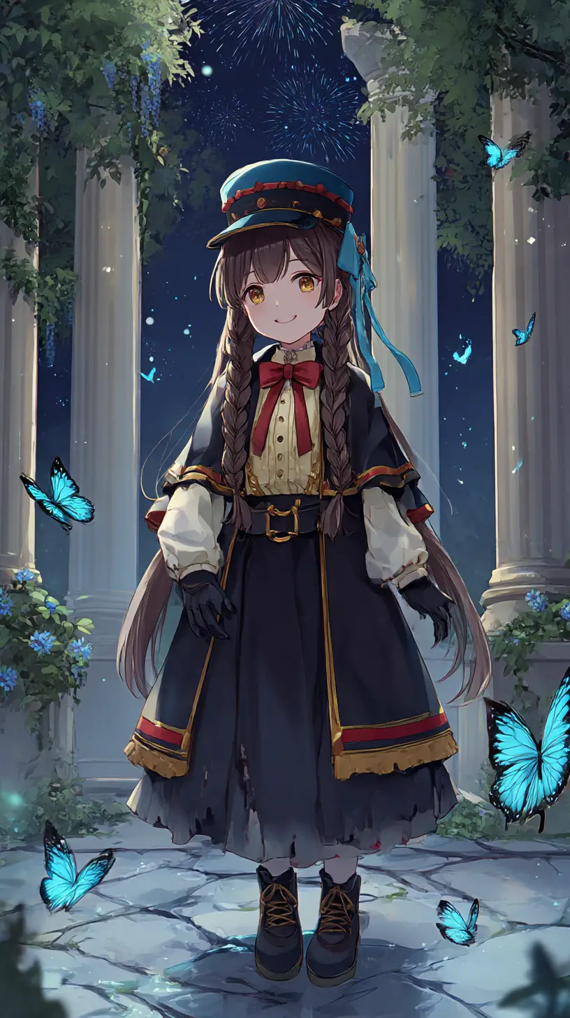 Elegant anime girl in ornate outfit in a grand hall
