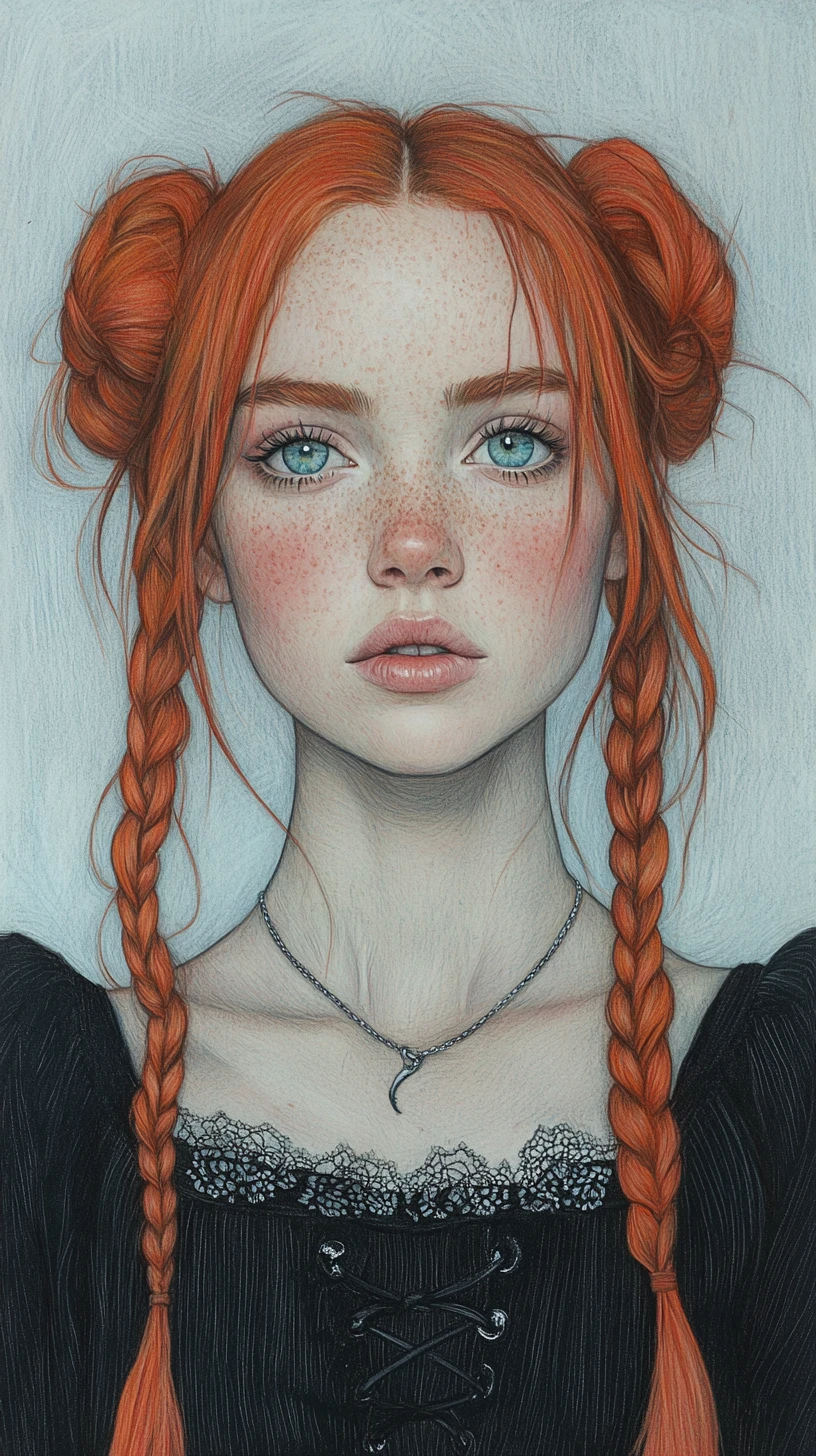 Retrato de chica pelirroja en dibujo detallado a lápices de colores