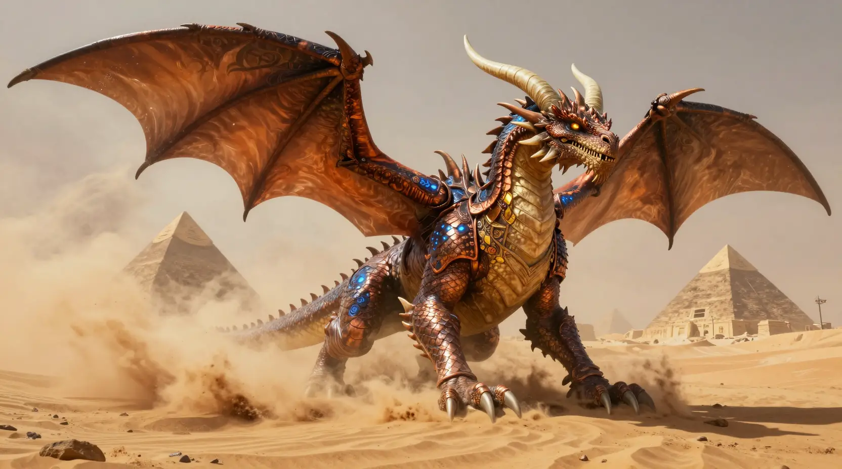 Colossal Desert Dragon Amid Swirling Supernatural Sandstorm